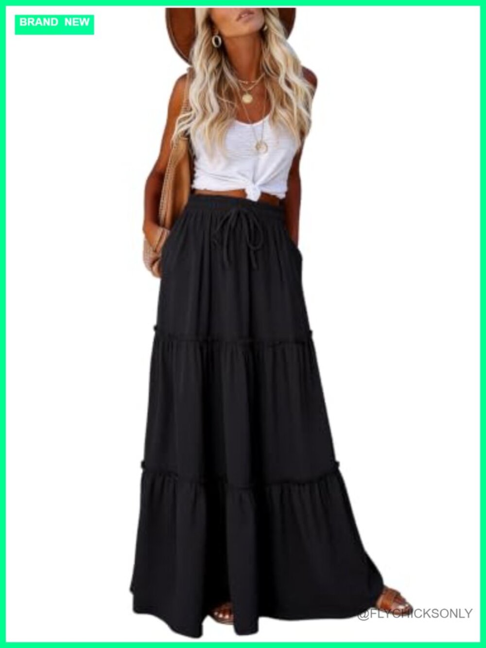 Flowy Tiered Ruffled Maxi Skirt High Waist Tie Pockets Woven Poly-Viscose